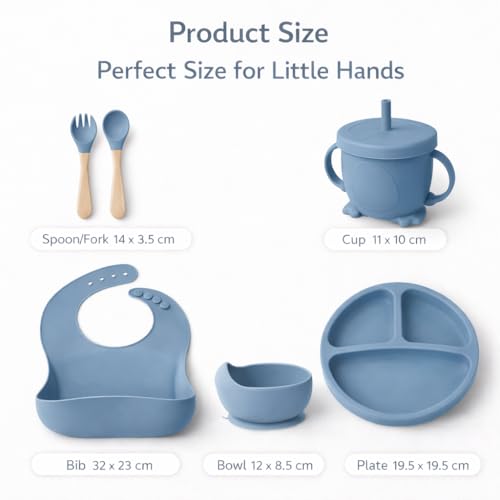 Image of 6Pcs Silicone Baby Feeding Set Bpa-Free,Microwave Safe,Anti-Slip Base | Complete Tableware Kit for Babies & Toddlers with Suction Plate,Bowl,Cup, Spoon,Fork & Bib (Blue)