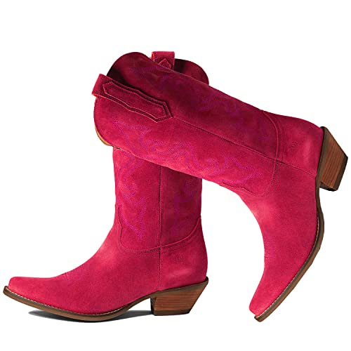 Image of LEHOOR Cowboy Boots Women Embroidered Mid Calf Western Boots Stacked Low Heel Pointed Toe Pull On Cowgirl Boot 4-11 M US