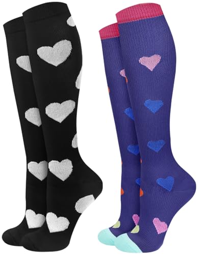 JMHACHY 2Packs Compression Socks for Women - 15-20 mmHg Graduated Support for Circulation, Knee High for Nurses, Athletes, Travel, BP Big Hearts, L/XL