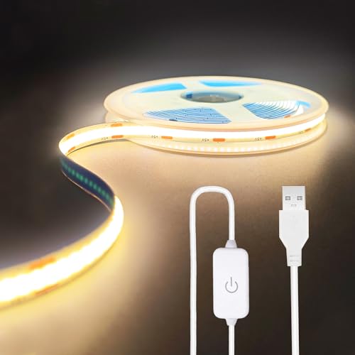 Image of ZSLAIFU A 5V USB LED Light Strip, COB LED Strip Lights, White 5V LED Lights, Small LED Strip Light, TV Lights for TV Under Cabinet Kitchen Living Room Shelving or Displays (Warm 3.28ft)