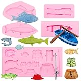 Fishing Set Silicone Molds 5Pcs, Fishing Tool Fishing Rod Fish Basket Chocolate Molds, Boat Oar Minnow Cake Decoration Fondant Molds for Baking Cupcake Topper Candy Cookie Clay Resin DIY Crafts