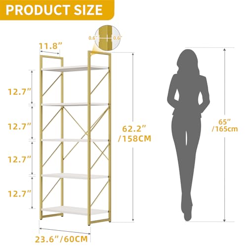 DWVO Gold Bookshelf, Modren 5 Tier Bookcase, Storage Shelves Organizer Standing Shelf, Display Rack Book Shelves for Bedroom,Living Room,Office,Kitchen, Gold
