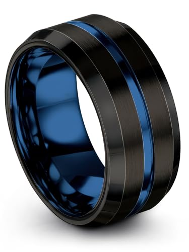 Tungsten Carbide Wedding Band Ring 10mm 8mm 6mm 4mm for Men Women Blue Black Center Line Grey Exterior Bevel Edge Brushed Polished Personalized Custom Engraving Anniversary Engagement