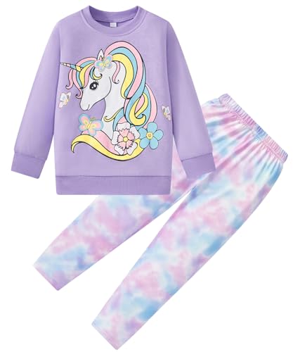 Image of Little Girls Unicorn Outfits 2 Piece Kids Ruffle Sleeve Sweatshirt + Leggings Fall Leopard Clothing Sets 2-10 Years