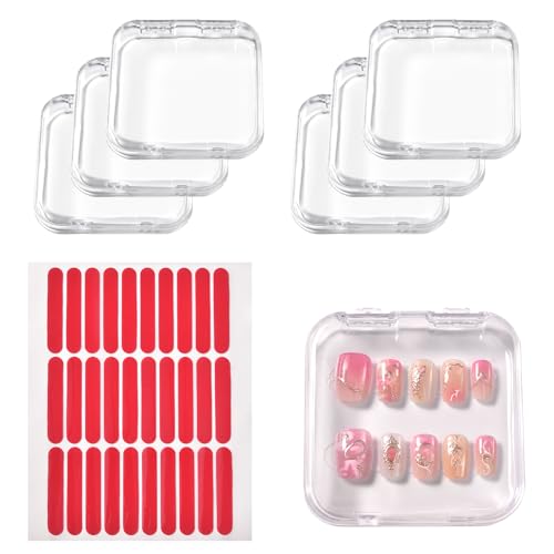 KADS 6PCS Press on Nail Storage Box Press On Nail Package Case with 30 PCS Adhesive Double Sided Tape Organizer Nail Case Acrylic Fake Nail Display Container Artificial False Nail Packaging Box