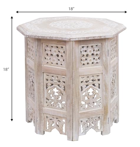 COTTON CRAFT Solid Wood End Table - Hand Carved Vintage Boho Folding Side Table - Small Spaces Entryway Accent Table - Farmhouse Living Room Bedside - No Tools Assembly - 18x18 Octagon - White Wash