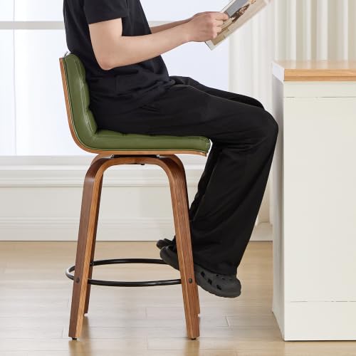 Image of Swivel Bar Stools Set of 1,26 inch Faux Leather Counter Height Barstools with Back,Mid Century Modern Upholstered Bar Chairs with Bentwood Legs Island Stools for Kitchen Counter Green