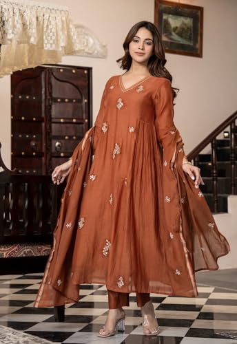 Image of KLOSIA Women Embroidery Solid Anarkali Kurta and Pant Set with Dupatta