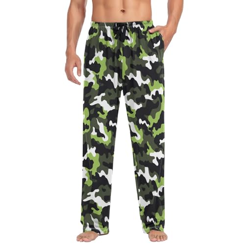 Vdsrup Men's Pajama Pants Green Black Camo Pajama Pants for Men PJs Bottoms Drawstring Pockets Sleep Lounge Pants S3