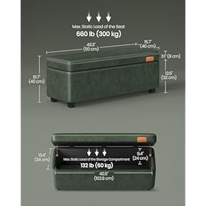 Vasagle ekho collection storage ottoman bench entryway bedroom bench 25 gallons synthetic leather with stitching mid century modern safety hinges loads 660 lb forest green ulom075c01  urban country home decor