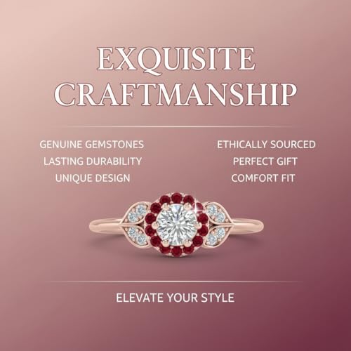 Image of Rose Gold Plated Diamond CZ & Blue Sapphire Petal Halo Engagement Ring for Women, Petite Round Shape Wedding & Everyday Jewelry, Handmade Gift for Wife US Size 4-12