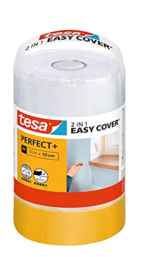 tesa Easy Cover Perfect+ Repuesto M - Plástico Protector 2en1 con Cinta de Carrocero de papel Washi - Para Enmascarar y Cubrir Durante los Trabajos de Pintura - 33 m x 55 cm