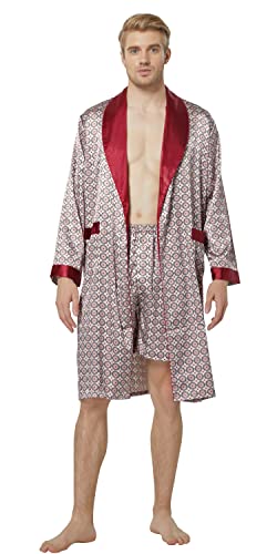 Image of TONY AND CANDICE Men's Satin Robe Lightweight Long Sleeve Silk Kimono Bathrobe with Shorts Set Sleepwear