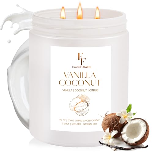 Vanilla Coconut Large Scented Candle 3-Wick 22oz Long Lasting Scented Candle Natural Soy Wax Aromatherapy Candle for Home Candle Gifts for Women Men