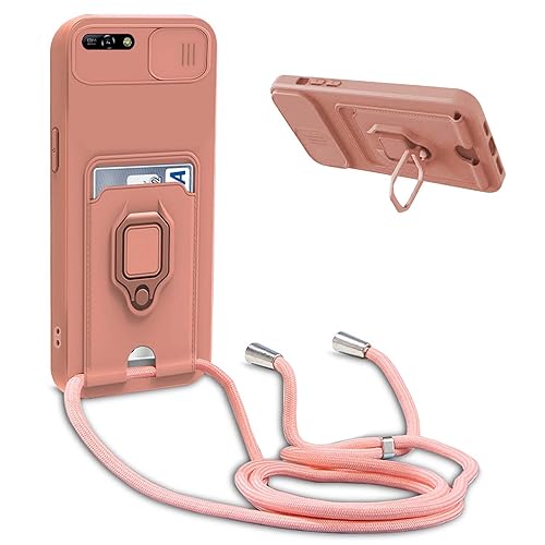 Cover Compatibile con Huawei Y6 2018 / Honor 7A con Cordino,Custodia con Cordino Silicone Cover,Protezione Fotocamera,360°Anello Supporto,Porta Carte,Pink