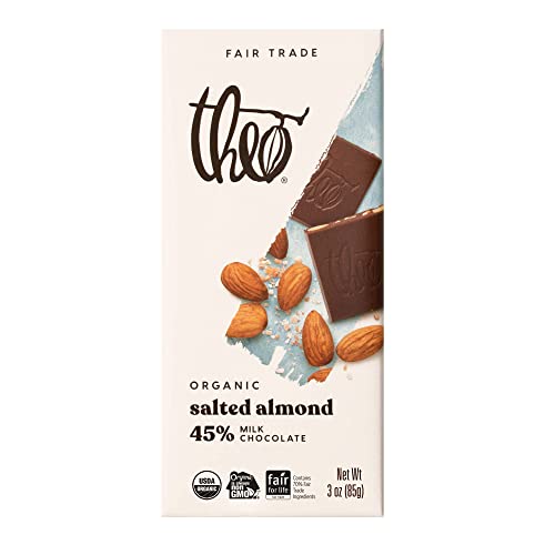 Theo Chocolate Salted Almond Organic Milk Chocolate Bar, 45% Cacao, 6 Pack | Fair Trade