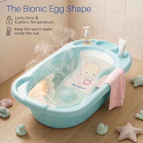 Image of Baybee Lullie Baby Bath Tub for Kids with Anti-Slip Base & Easy Drain | Babies Bathtub with Built-in Soap & Accessory Holder | Spacious Baby Bath Tub for 0-5 Years Boys Girls (Blue)