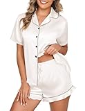 Niwicee Conjunto de Pijama Seda Mujer 2 Piezas Manga Corto con Botones Ropa de Dormir Satén Ropa Pijama Corto Mujer Verano Pijama Mujer Loungewear (Blanco, L)