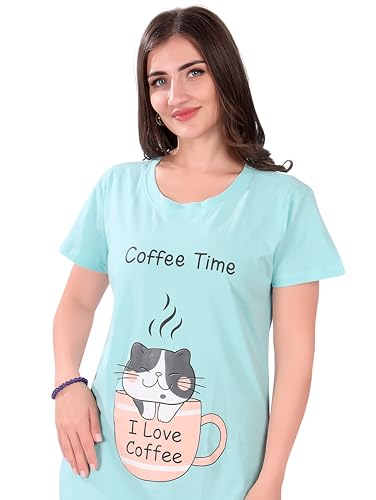 Image of Printed Knee Length Pocket Night Dresses for Women | Cat Lover | Premium Soft Cotton Nighty | Blue and Maroon