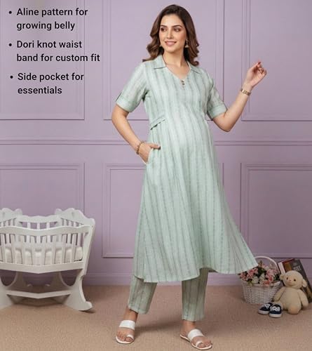 Image of DUMMY SHAPE Feeding Dresses for Women Full Set | Cotton Blend Maternity Kurta Pant Suit with Dual Nursing Zippers, Side Pocket to Pre & Post Pregnancy | Mom to Be Gifts