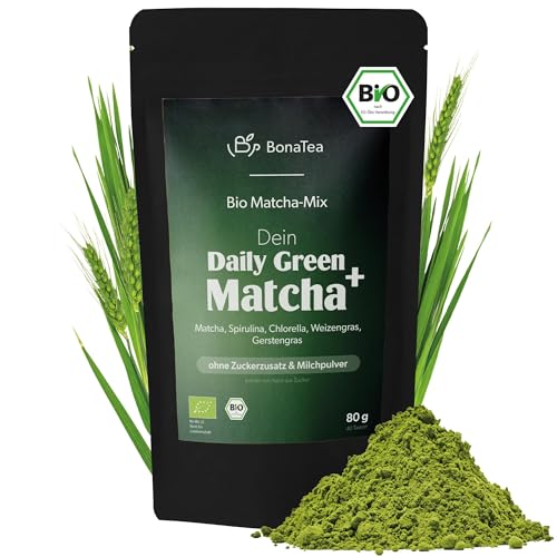 Bio Daily Green Matcha+, Matcha-Mix mit Spirulina, Chlorella, Weizengras, Gerstengras und 60 % Bio Premium Matcha aus Japan, 80g