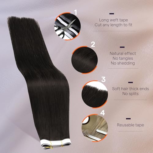 Image of Full Shine Genius Weft Hair Extensions Human Hair, Natural Black 24 Inch | 50g 1 Piece, Wide Hair Extension Tape in, Double Weft Design Silky Straight Texture Thick Ends for Long Styling