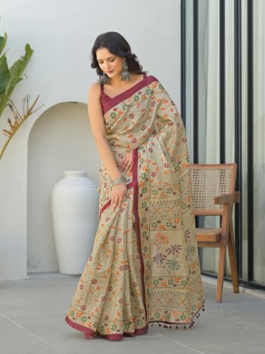 Image of SIRIL Women's Pure Cotton Geometric Printed Saree With Unstitched Blouse Piece