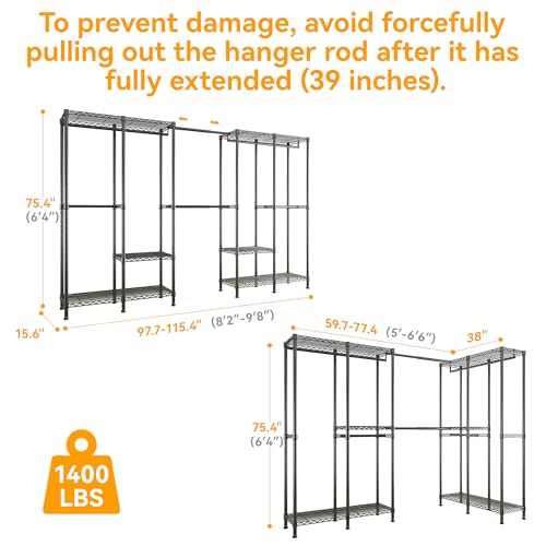 H5 Pro Heavy Duty Garment Rack, Freestanding Clothes Rack, Wardrobe Closet for Hanging Clothes, Portable Closet Organizer with Expandable Hanger Rods, (97.7-115.4")L x 15.7"W x 75.4"H, Black