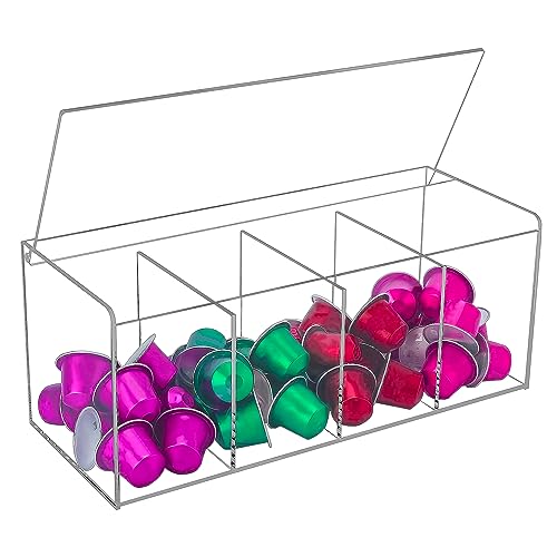 TAIANJI Large Coffee Pod Holder, Clear Acrylic Capsule Dispenser Display Box with Compartment, Plastics Storage Box with Lid for All Coffee Pods, Candies, Tea Bags, Collection 30 x 12 x 12cm