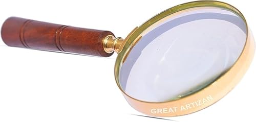 Antique Brass Handheld 10X Vintage Magnifying Glass with Wooden Handle,