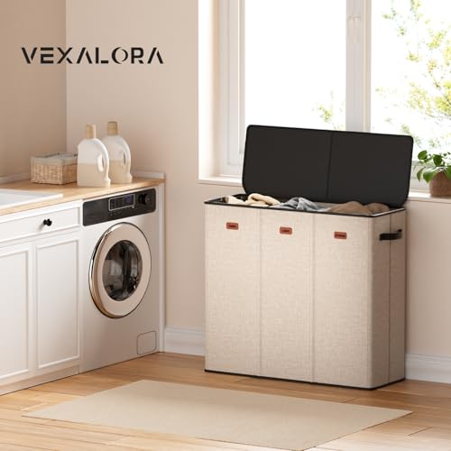 Image of 185L Laundry Hamper 3 Section, Laundry Hamper with Lid, Dirty Clothes Hamper with 3 Removable Washing Bags, Extra Large Laundry Basket Organizer for Bedroom, Laundry Room, Dorm - Khaki