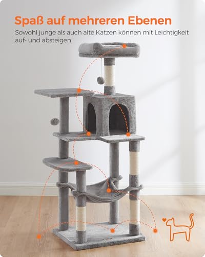Feandrea Kratzbaum 143 cm – 4 Kratzsäulen, Hängematte & Höhle – Bild 3