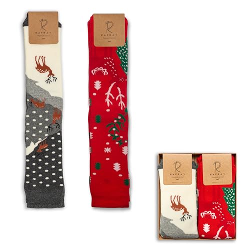 Image of RAFRAY Women's Christmas Socks - Cozy Calf-Length Winter Socks with Snowman & Reindeer - Gift Box - 2 Pairs - Size 5-9.5