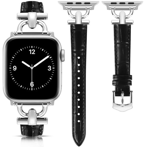 Image of Leather Band Compatible with Apple Watch Bands for Women, Dressy Fancy Strap for iWatch Series 11 /10 /9 /8 /7 /6 /5 /4 /3 /2 /1 /se /Ultra /Ultra 2(49mm 46mm 45mm 44mm 42mm,Black /Silver)