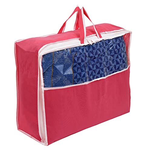 Image of Heart Home Multiuses Non-Woven Clothes Storage Bag /Wardrobe Organizer /Saree Cover With Top Tranasparent Window (Pink)