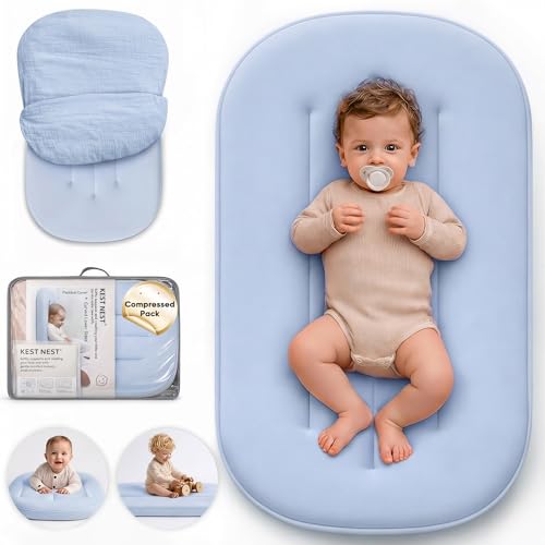 Baby Lounger - Soft Cotton Infant Support Cushion for Newborns, Breathable Portable Baby Nest Lounger & Tummy Time Mat for Home and Travel, GrayishBlue (Cotton Cover Included), Compressed Pack