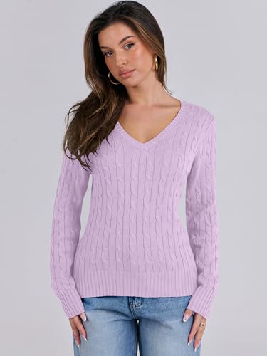 Image of ANRABESS Women's Cable Knit V Neck Fitted Sweaters