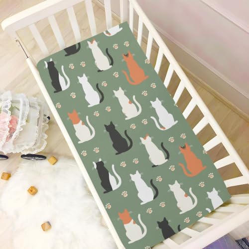 Image of Crib Sheet Breathable Soft Crib Mattress Sheet for Baby Toddler Boys Girls Fitted Pack n Play Crib Sheet Fit Standard Crib Mattress 52 x 28 Inch Green Cat Back Silhouette