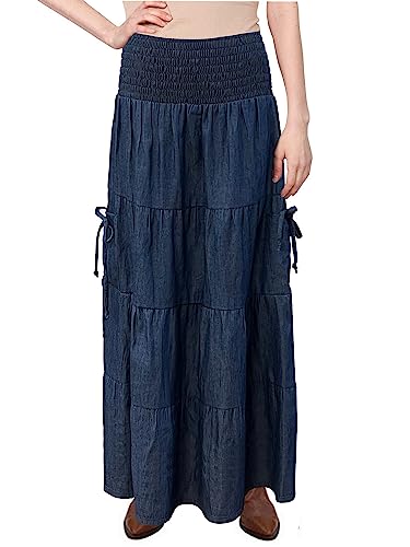 Baby'O Women's' Long Ankle Length Cargo Pocket Smocked Waist Summer Weight Denim Tiered Western Prairie Skirt4