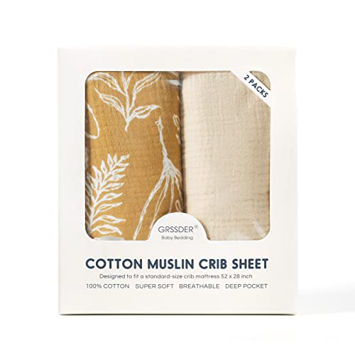 Image of GRSSDER 100% Cotton Muslin Crib Sheet 2 Pack - Breathable & Ultra-Soft Fitted Crib Sheets for Standard Baby & Toddler Mattresses, 52 inchx28 inch with 9 inch Deep Pocket, Snug Fit All-Around Elastic