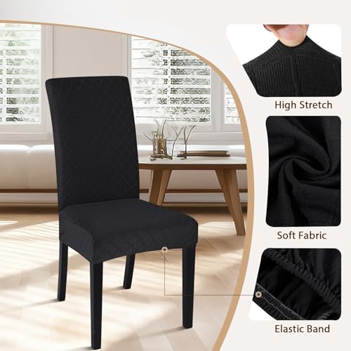 Image of SearchI Dining Room Chair Covers Set of 6, Stretch Jacquard Parsons Chair Slipcovers Removable Washable Kitchen Chair Protector Cover for Dining Room, Hotel, Ceremony (Black Rhombus)