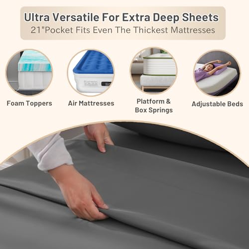 MEISHANG Extra Deep Pocket Queen Sheets Cotton - 1000 Thread Count Sheets - Fits 18"-24" in Deep Mattress,100% Egyptian Cotton,Sateen Weave, Soft & Breathable - 4 Piece (Queen, Dark Grey)