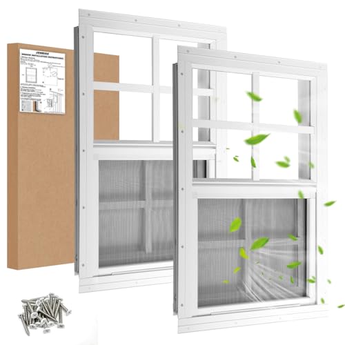 JONRIOX 12 W x 18 H Shed Window Sliding Window Aluminum White Flush Mount with Tempered Glass and Stainless Steel Screen Playhouse Window Chicken Coop Window Household Window.(White 2 Pack)