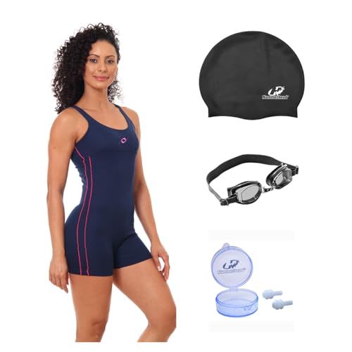 Kit Macaquinho Helanca Natação com Óculos Uv Touca E Protetor (Marinho/Pink - Óculos Preto, G)