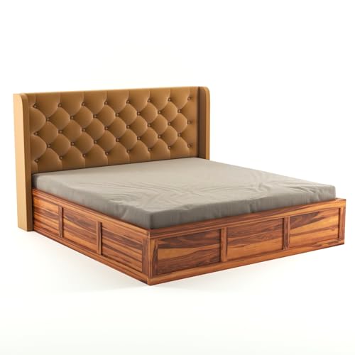 Image of Solid Sheesham Wood King Size Bed with Storage | Wooden Double Bed Cot Bed with Box Storage & Velvet Upholstered Cushioned Headboard for Bedroom (Honey B, King)
