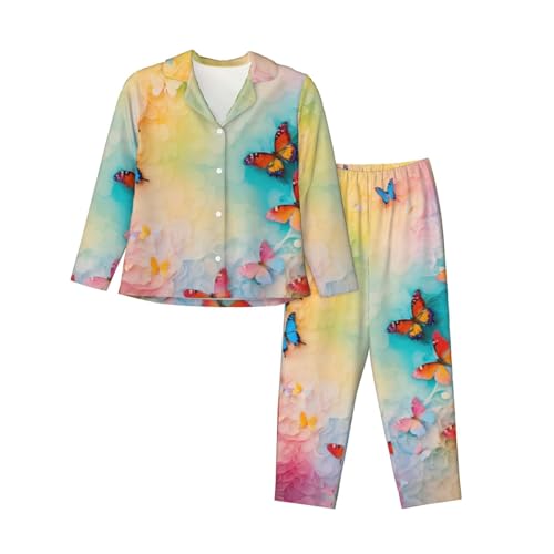 Ensemble de pyjama imprimé papillon EdWal pour femme avec chemise manches longues