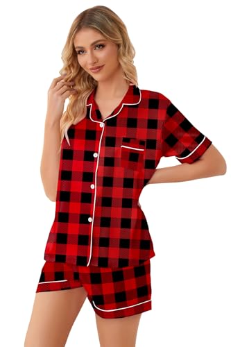 Image of Schbbbta Pajamas for Women, Satin Silky Pjs 2 Pcs Set Button-Up Short Sleeve with Chest Pocket Christmas Sleepwear Soft Loungewear, Red Black Plaid, X-Small