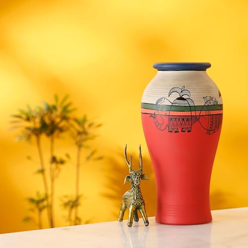 Image of Aakriti Art Creations Madhubani Art Terracotta Vase | Handmade Carrot Red Decorative Flower Vase | Traditional Folk Art Vase for Living Room Table Decor & Housewarming Gift