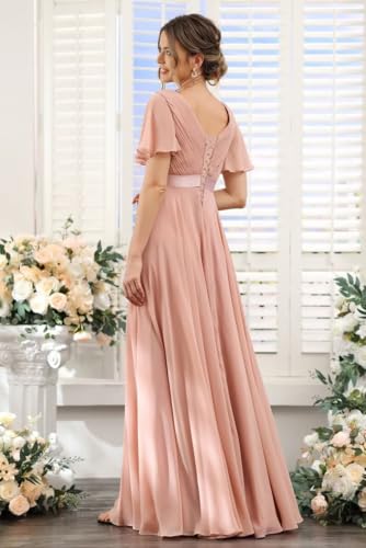 Image of TIRAS Women's Ruched Chiffon Mauve Bridesmaid Dresses Plus Size with Pockets Simple V Neck Formal Dress Long with Flutter Sleeves 2025 Plus Size 18W