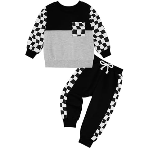 URMAGIC Toddler Baby Boy Outfits Clothing Sets Checkerboard Long Sleeve Sweatshirt Pants Fall Winter Plaid Clothes Set Cover